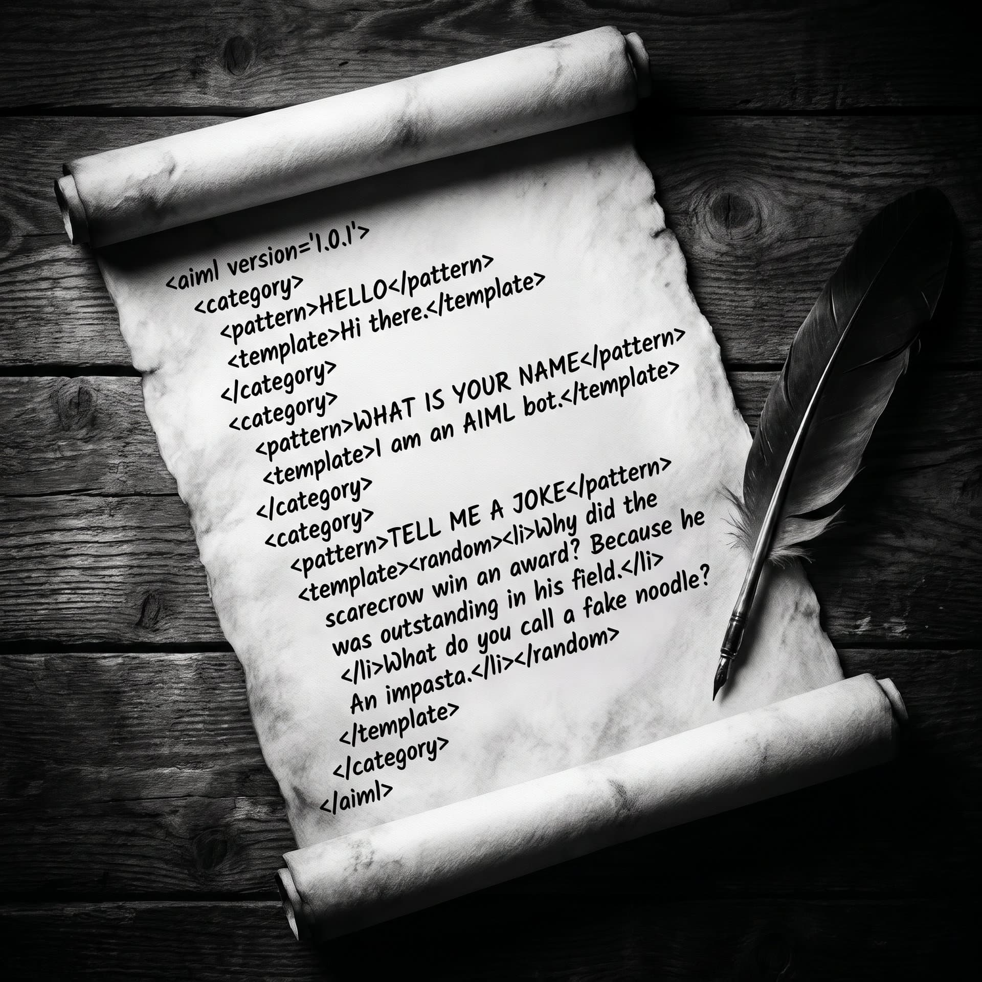 Parchment scroll covered in handwritten AIML XML tags on a dark wooden table.