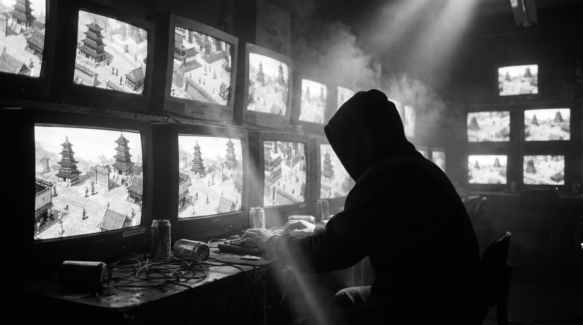 A teenage hooded silhouette in a dim cyber café, surrounded by CRTs showing pixel-art MMO cities.