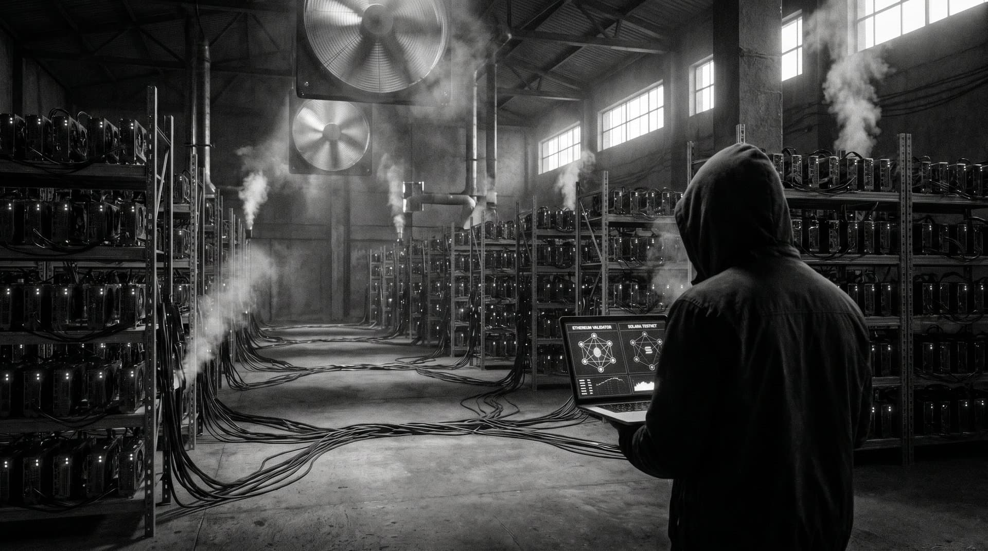 A vast dark mining warehouse — racks of GPUs, a hooded operator in the foreground holding a laptop showing testnet dashboards.