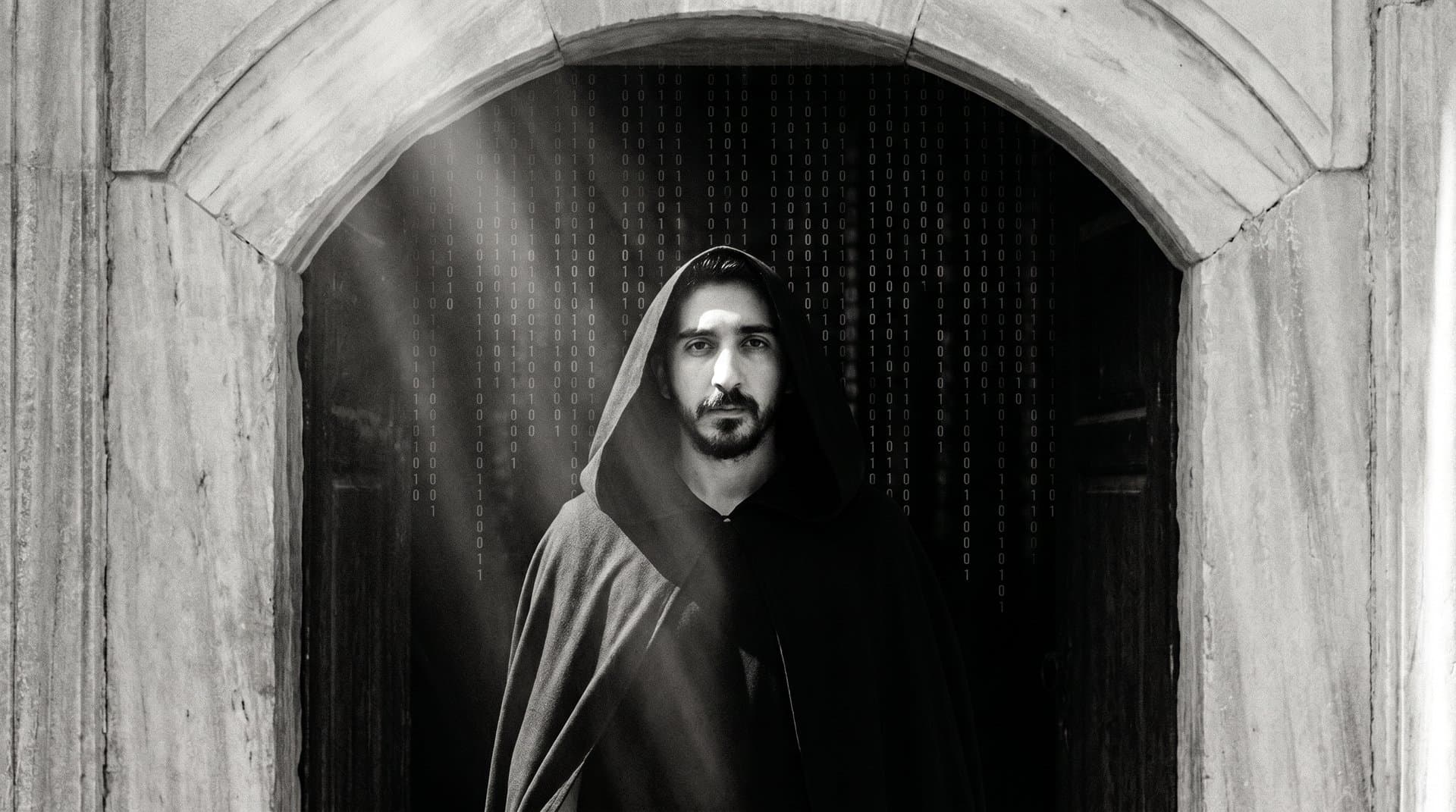A hooded figure paused at a threshold — behind, binary rain; ahead, faint daylight.
