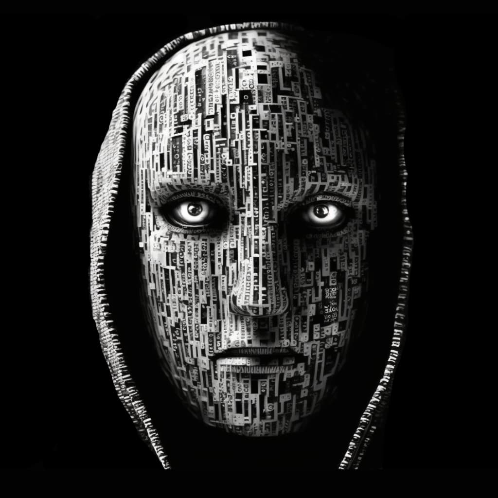 Hooded figure with a face composed of binary code, glowing eyes.